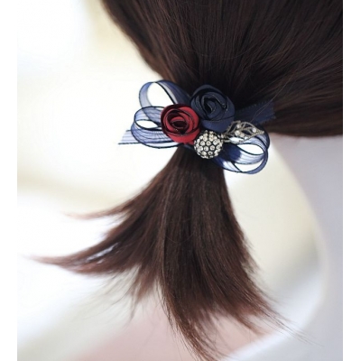 Sweet Rhinestone Pendant Hair Rope Flower Ribbon Hair Band